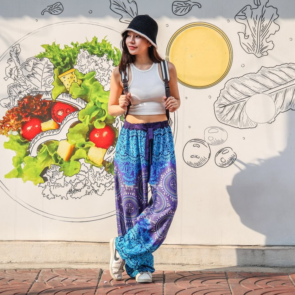 Women's Boho Harem Palazzo Pants - Soft Flowy and Comfy, Handmade - Purple/Blue